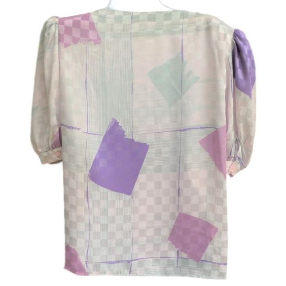 Vintage 80s Argenti Blouse Embossed Jacquard Squares Puff Sleeves Deadstock 10 - Picture 4 of 9